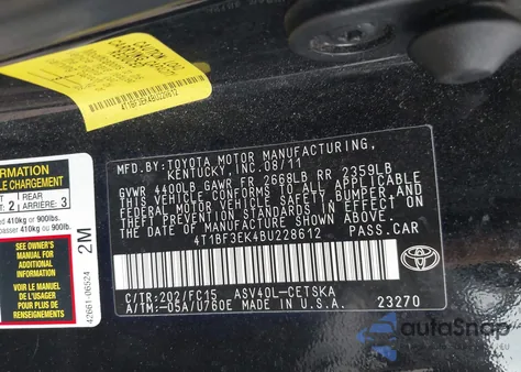 2011 Toyota Camry Se из США, поврежденный, VIN 4T1BF3EK4BU228612